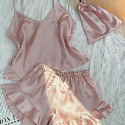 Women Imitation Silk Satin Pajamas Set Camisole vest Ruffle Shorts 2-Piece Set With Storage Bag