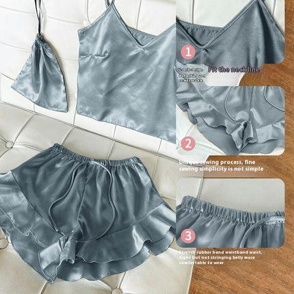 Women Imitation Silk Satin Pajamas Set Camisole vest Ruffle Shorts 2-Piece Set With Storage Bag