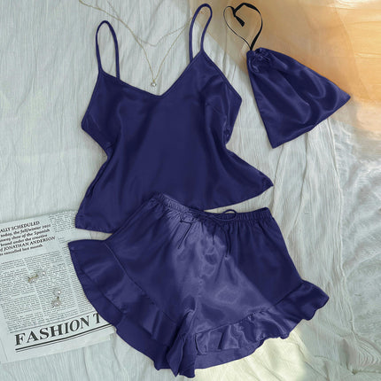 Women Imitation Silk Satin Pajamas Set Camisole vest Ruffle Shorts 2-Piece Set With Storage Bag