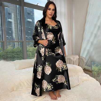 Women's Imitation Silk Long Nightdress Robe Set - Casual Loose Printed Pajamas 2-Piece Set