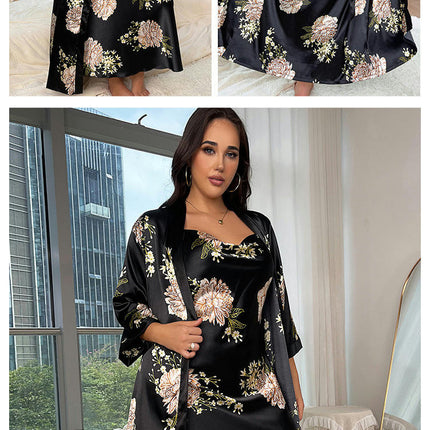 Women's Imitation Silk Long Nightdress Robe Set - Casual Loose Printed Pajamas 2-Piece Set