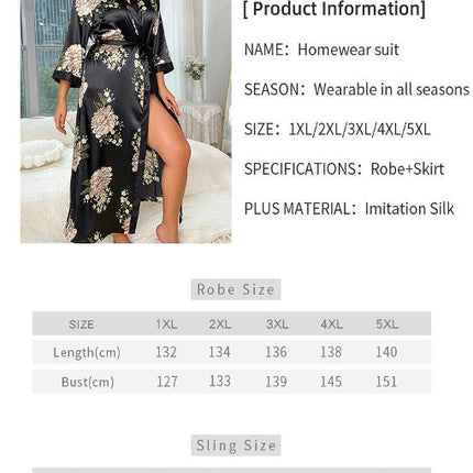 Women's Imitation Silk Long Nightdress Robe Set - Casual Loose Printed Pajamas 2-Piece Set