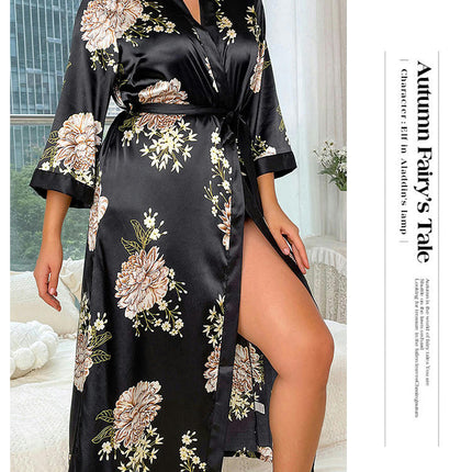 Women's Imitation Silk Long Nightdress Robe Set - Casual Loose Printed Pajamas 2-Piece Set