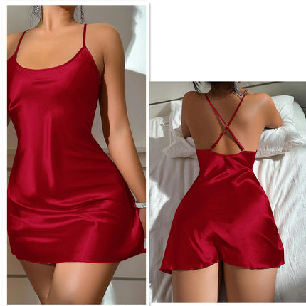 Women's Imitation Ice Silk Nightgown Sleeveless Nightgown Mini Cross Back Suspender Nightgown