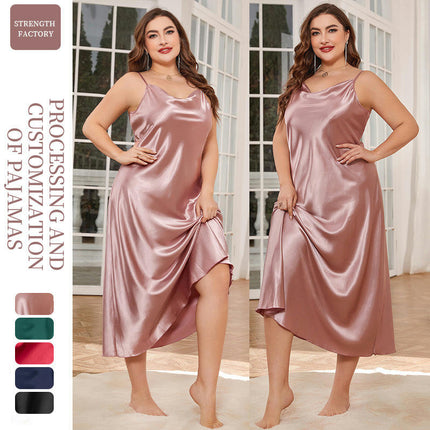 Womens Satin Nightgown Sleepwear Spaghetti Strap Cowl Neck Elegant Imitation Silk Midi Dress