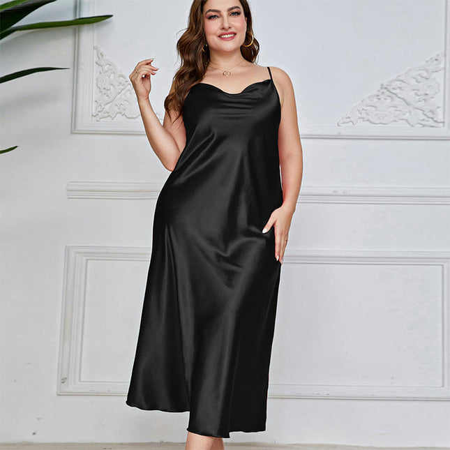 Womens Satin Nightgown Sleepwear Spaghetti Strap Cowl Neck Elegant Imitation Silk Midi Dress