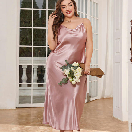 Womens Satin Nightgown Sleepwear Spaghetti Strap Cowl Neck Elegant Imitation Silk Midi Dress