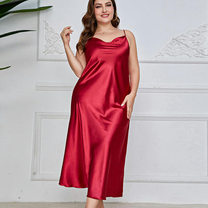 Womens Satin Nightgown Sleepwear Spaghetti Strap Cowl Neck Elegant Imitation Silk Midi Dress