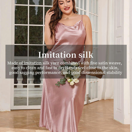 Womens Satin Nightgown Sleepwear Spaghetti Strap Cowl Neck Elegant Imitation Silk Midi Dress