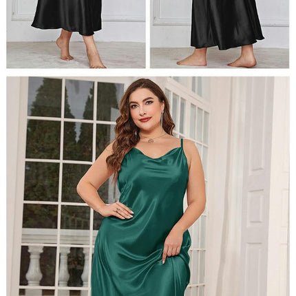 Womens Satin Nightgown Sleepwear Spaghetti Strap Cowl Neck Elegant Imitation Silk Midi Dress