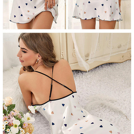 Imitation Ice Silk Nightdress Women-Suspender Skirt Sexy Heart Pattern Pajamas