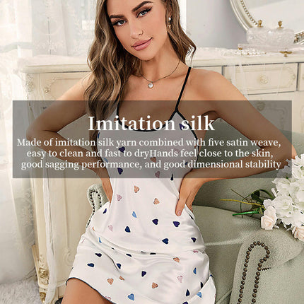 Imitation Ice Silk Nightdress Women-Suspender Skirt Sexy Heart Pattern Pajamas