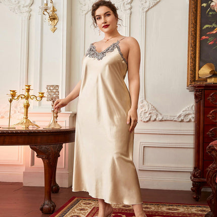 Satin Nightgowns for Women Long Imitation Silk Nightdress Vintage Lace Chemise Maxi Sleepwear