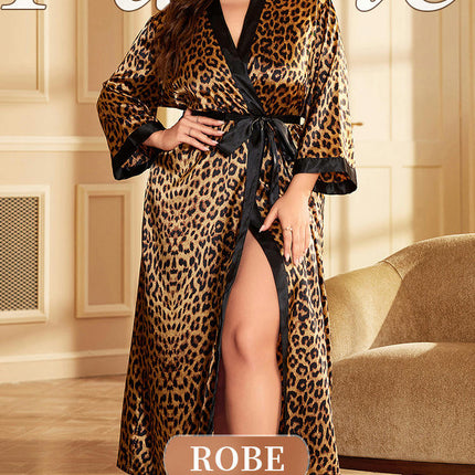 Imitation Silk Nightgown Leopard Print Nightgown Sexy Loose Cardigan Tie-up Bathrobe