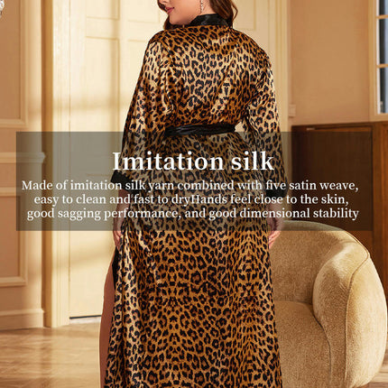 Imitation Silk Nightgown Leopard Print Nightgown Sexy Loose Cardigan Tie-up Bathrobe