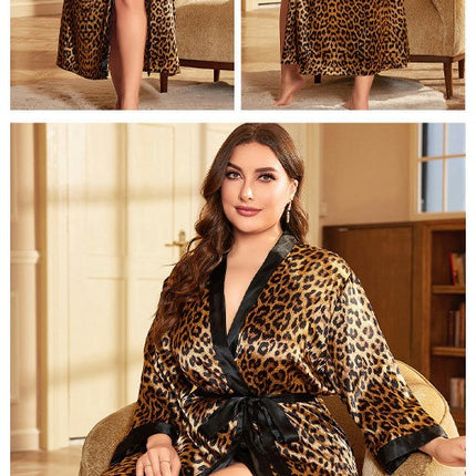 Imitation Silk Nightgown Leopard Print Nightgown Sexy Loose Cardigan Tie-up Bathrobe