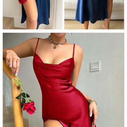 Women's Suspender Dress Sexy Lingerie Nightgown Long Suspender Faux Silk Dress Spaghetti Straps