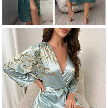 Women's Floral Print Long Sleeve Imitation Silk Satin Bridesmaid Wedding Party Robe