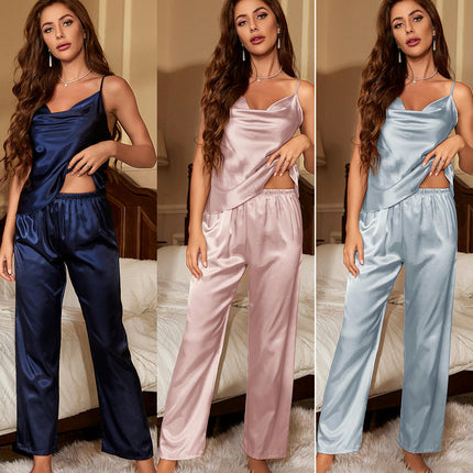 Womens Imitation Silk Satin Pajamas Set 2 Pcs Sets Bridesmaid Cami Top and Long Pants