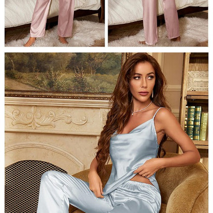 Womens Imitation Silk Satin Pajamas Set 2 Pcs Sets Bridesmaid Cami Top and Long Pants