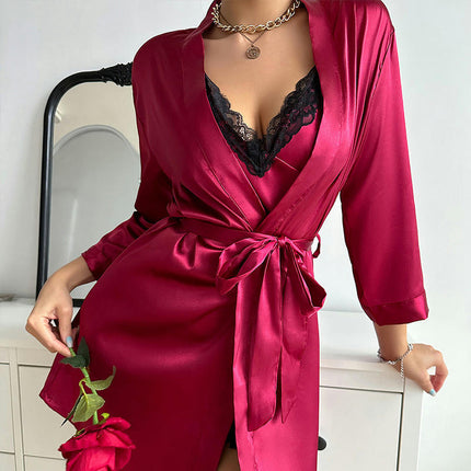 Women's Imitation Silk Pajama Sets Satin Robe Sexy Lace Cami Nightwear 2 Piece