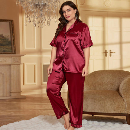 Imitation Silk Set for Women Short Sleeve Classic Sleepwear Button Down Loungewear with Long Pants