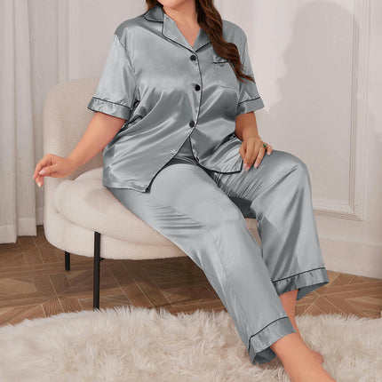 Imitation Silk Set for Women Short Sleeve Classic Sleepwear Button Down Loungewear with Long Pants