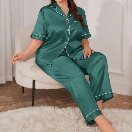 Imitation Silk Set for Women Short Sleeve Classic Sleepwear Button Down Loungewear with Long Pants