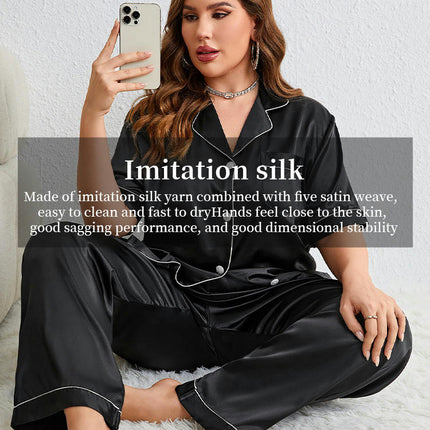 Imitation Silk Set for Women Short Sleeve Classic Sleepwear Button Down Loungewear with Long Pants