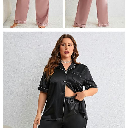 Imitation Silk Set for Women Short Sleeve Classic Sleepwear Button Down Loungewear with Long Pants