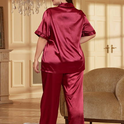 Imitation Silk Set for Women Short Sleeve Classic Sleepwear Button Down Loungewear with Long Pants