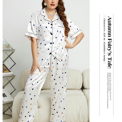 Imitation Silk Heart Pattern Pajamas Set Short-Sleeved Long Pants Comfortable Pajamas 2-piece Set