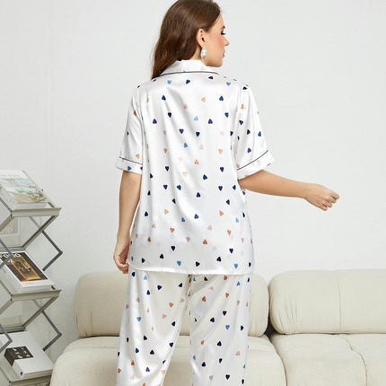 Imitation Silk Heart Pattern Pajamas Set Short-Sleeved Long Pants Comfortable Pajamas 2-piece Set