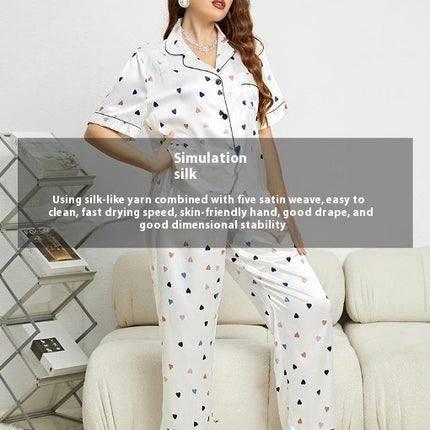 Imitation Silk Heart Pattern Pajamas Set Short-Sleeved Long Pants Comfortable Pajamas 2-piece Set