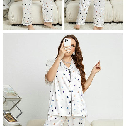 Imitation Silk Heart Pattern Pajamas Set Short-Sleeved Long Pants Comfortable Pajamas 2-piece Set