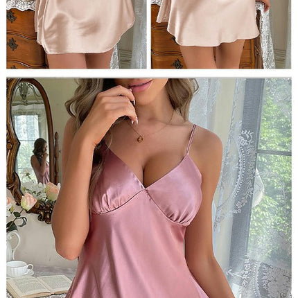 Satin Nightgown Imitation Silk Full Slip Dress Woman Sleepwear Lingerie Dress Mini Slip Chemise