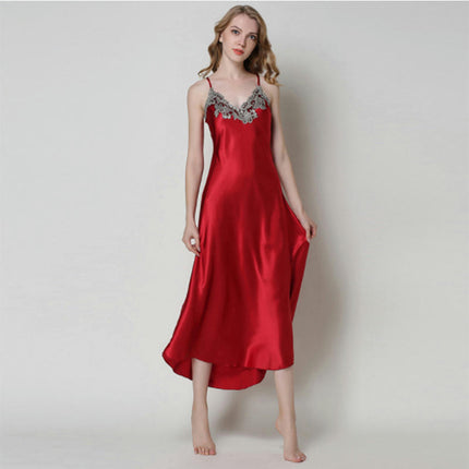 Women's Imitation Silk Pajamas Lace Sexy V-neck Long Suspender Nightdress