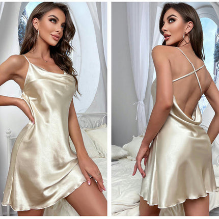 Women Imitation Silk Satin Nightgown Lingerie Dress Sexy Sleepwear Mini Slip Chemise