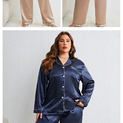 Women's Imitation Silk Satin Long Sleeve Pajamas Button with Pockets Casual Wear Pants Set