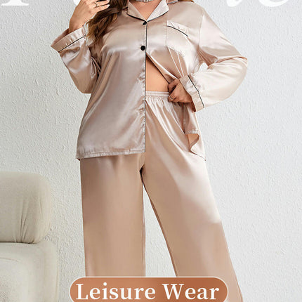 Women's Imitation Silk Satin Long Sleeve Pajamas Button with Pockets Casual Wear Pants Set