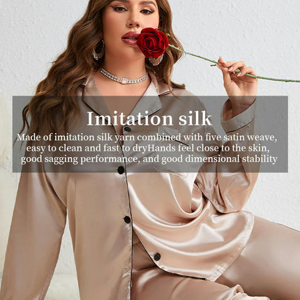 Women's Imitation Silk Satin Long Sleeve Pajamas Button with Pockets Casual Wear Pants Set