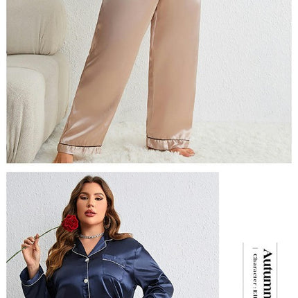 Women's Imitation Silk Satin Long Sleeve Pajamas Button with Pockets Casual Wear Pants Set