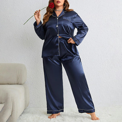 Women's Imitation Silk Satin Long Sleeve Pajamas Button with Pockets Casual Wear Pants Set