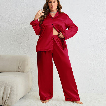 Women's Imitation Silk Satin Long Sleeve Pajamas Button with Pockets Casual Wear Pants Set