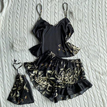 Imitation Silk Pajamas Two-Piece Set V Collar Printed Suspender Pajamas Spaghetti Strap Shorts Set