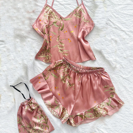 Imitation Silk Pajamas Two-Piece Set V Collar Printed Suspender Pajamas Spaghetti Strap Shorts Set