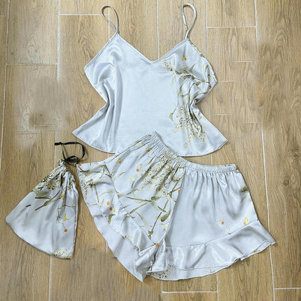 Imitation Silk Pajamas Two-Piece Set V Collar Printed Suspender Pajamas Spaghetti Strap Shorts Set