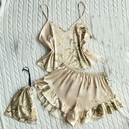 Imitation Silk Pajamas Two-Piece Set V Collar Printed Suspender Pajamas Spaghetti Strap Shorts Set