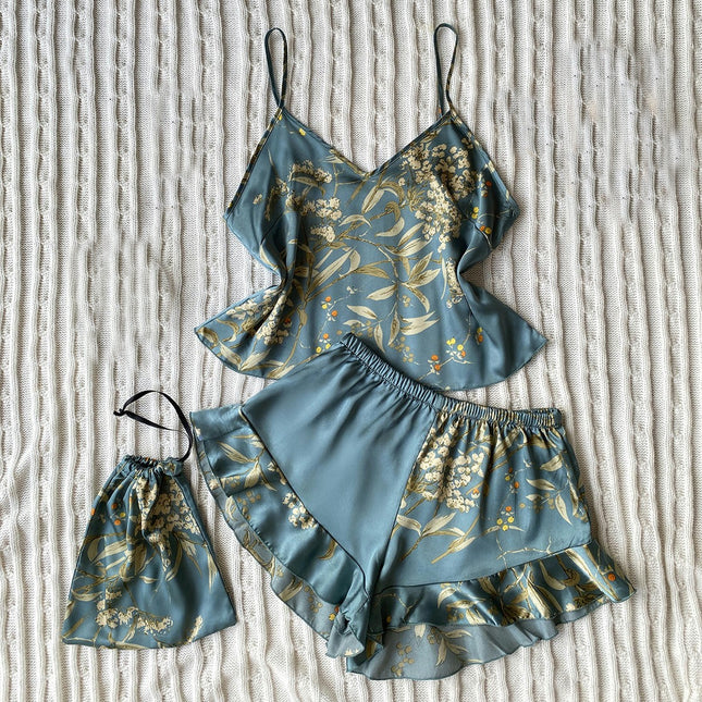 Imitation Silk Pajamas Two-Piece Set V Collar Printed Suspender Pajamas Spaghetti Strap Shorts Set