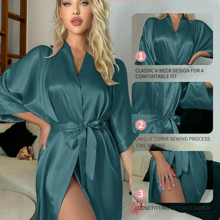 Women's Imitation Silk Robes Bride Bridesmaid Kimono V Neck Sleepwear with 3/4 Sleeve